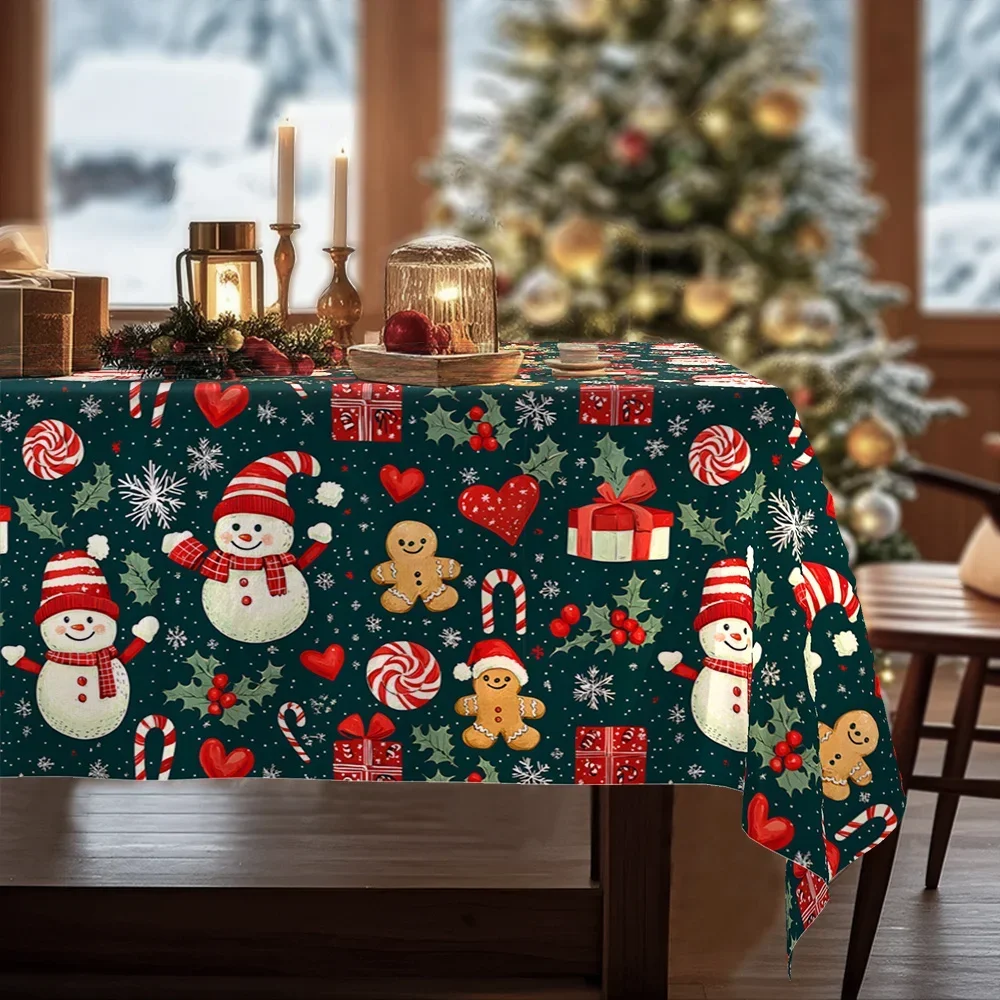One tablecloth with green decorations, snowmen, gingerbread people candies, heart shapes and gift box patternsxzj