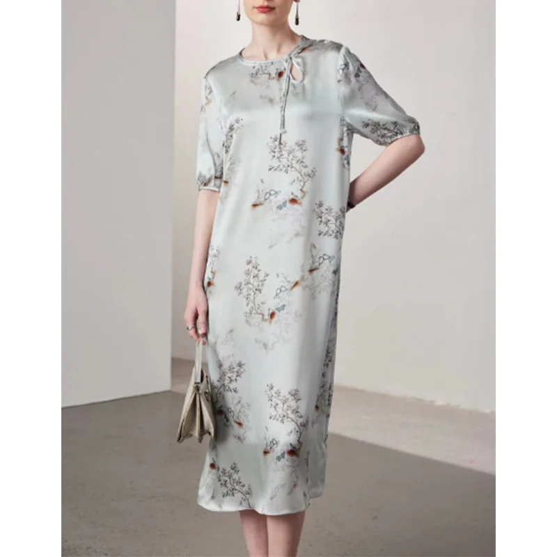 BirdTree, abito elegante in seta naturale da 16MM, stampa manica corta da donna, abiti larghi moda retrò, autunno estate 2024 D46809QM