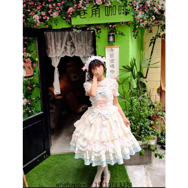 Original Kawaii Lolita Dress Cute Princess Jsk Suspender Dress 2025 Summer New Bow Lace Sweet Playful Laminated Long Cake Dress