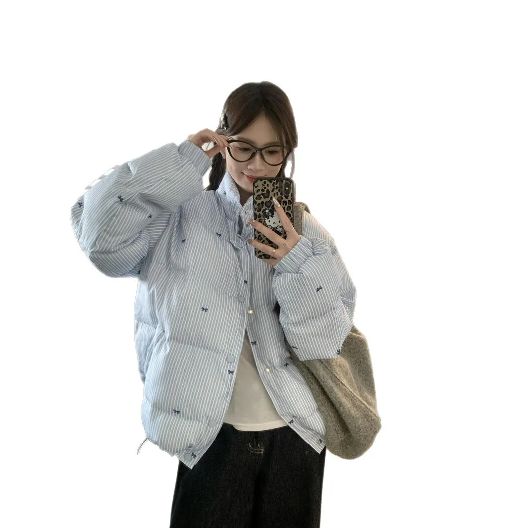 Japanese and Korean Vibe Style Striped Bow Cotton Jacket Winter New Versatile Thick Warm Jacket Blue