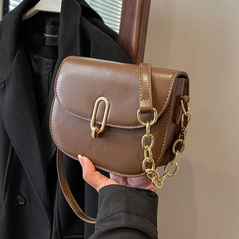 Vintage Shoulder Crossbody Bags for Women 2023 Winter PU Leather Small Women\'s Saddle bag Fashion Handbag Chain Black Brown