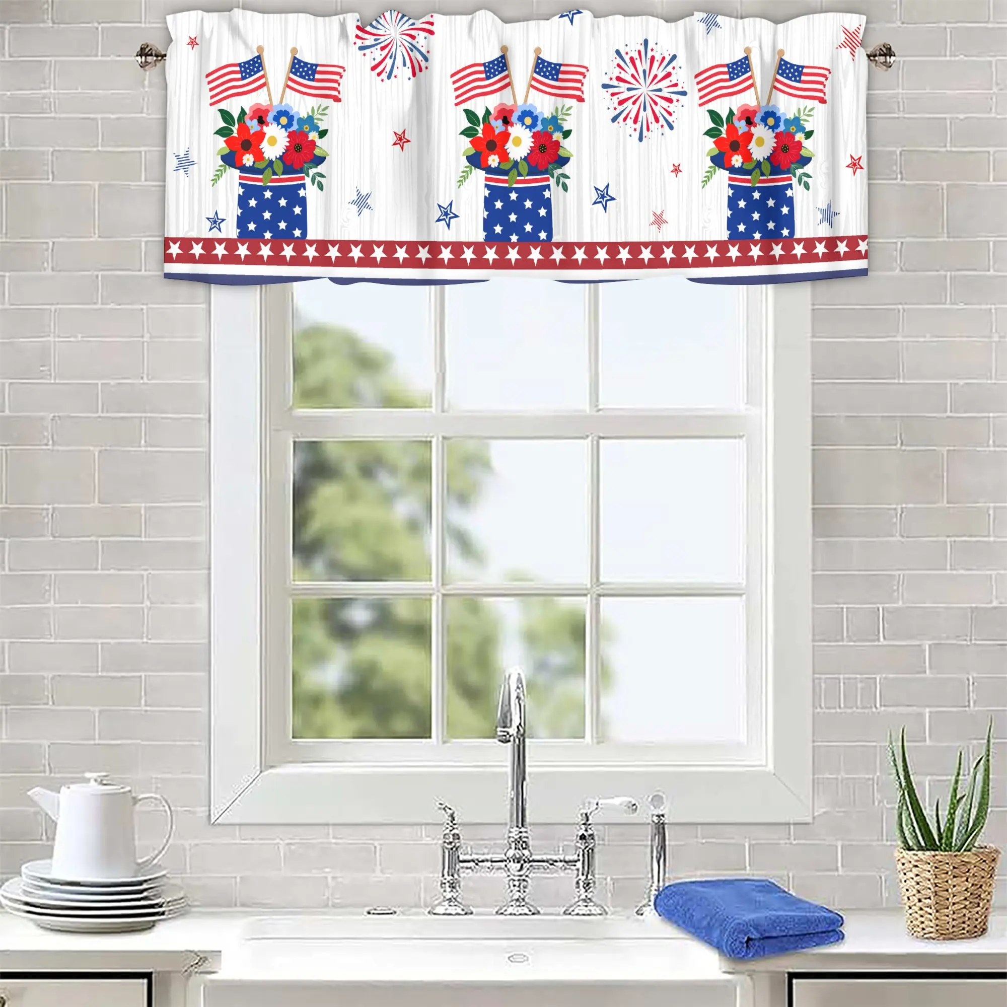 USA Flag July 4th Independence Day Kitchen Valances for Windows, Compact Window Curtain for Small Kitchen Spaces,style 1