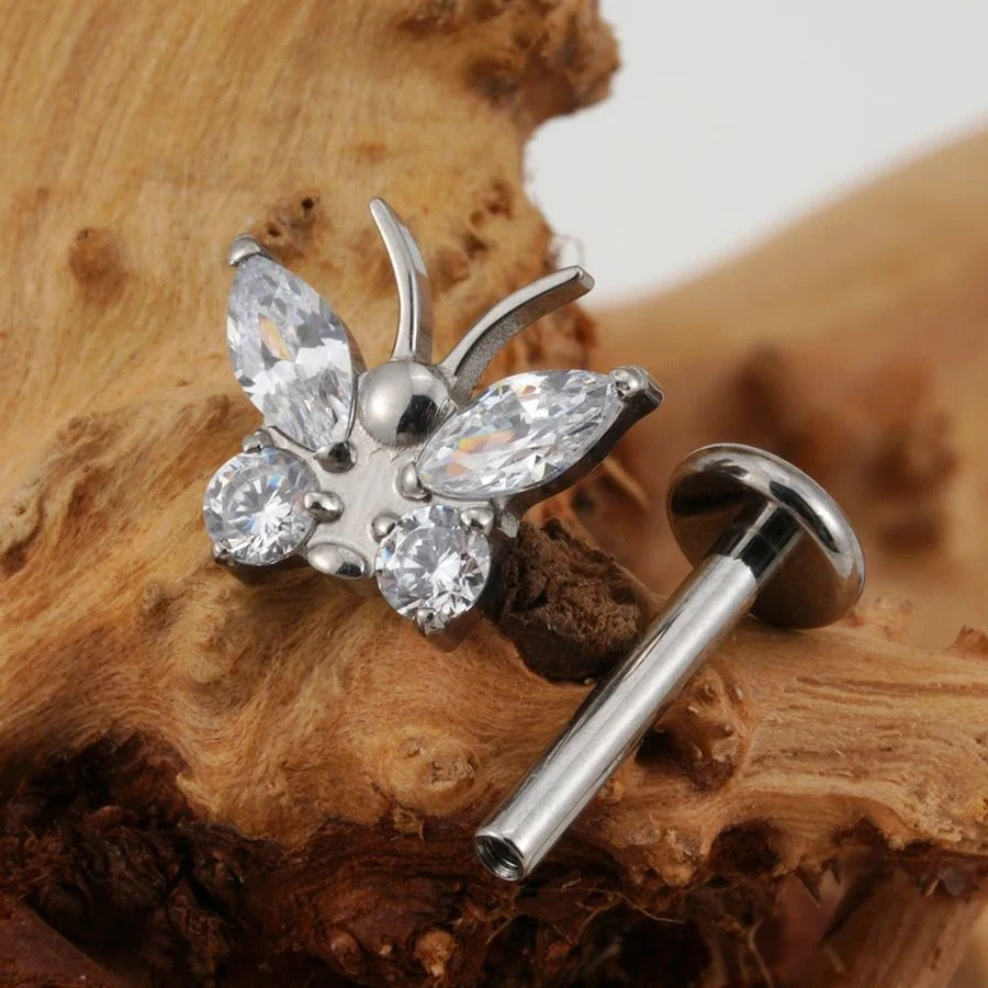 1Pc G23 Titanium Tragus Earring Ear Stud Piercing 16G 5A Zircon Butterfly Cartilage Hel Conch Tragus Flat Back Ear Piercing Stud image 3