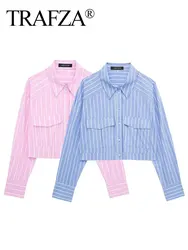 TRAFZA Women Elegant Striped Blouse Sweet Breasted Long Sleeve Shirt With Front Pocket 2024 Woman Cropped Pink Blue Blouses Top