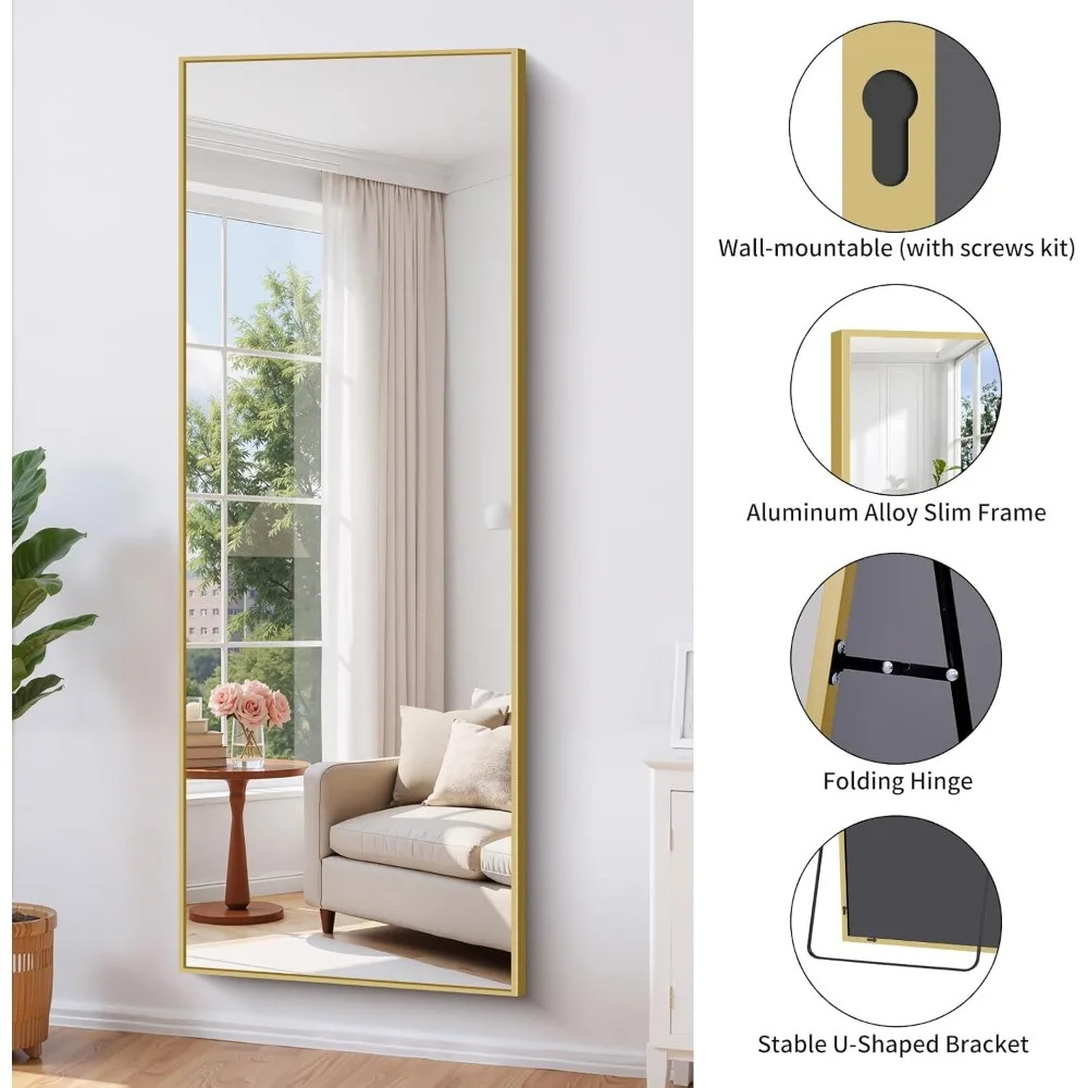 Espelho de chão dourado de comprimento total com suporte, espelho elegante de corpo inteiro para casa, espelho de parede grande