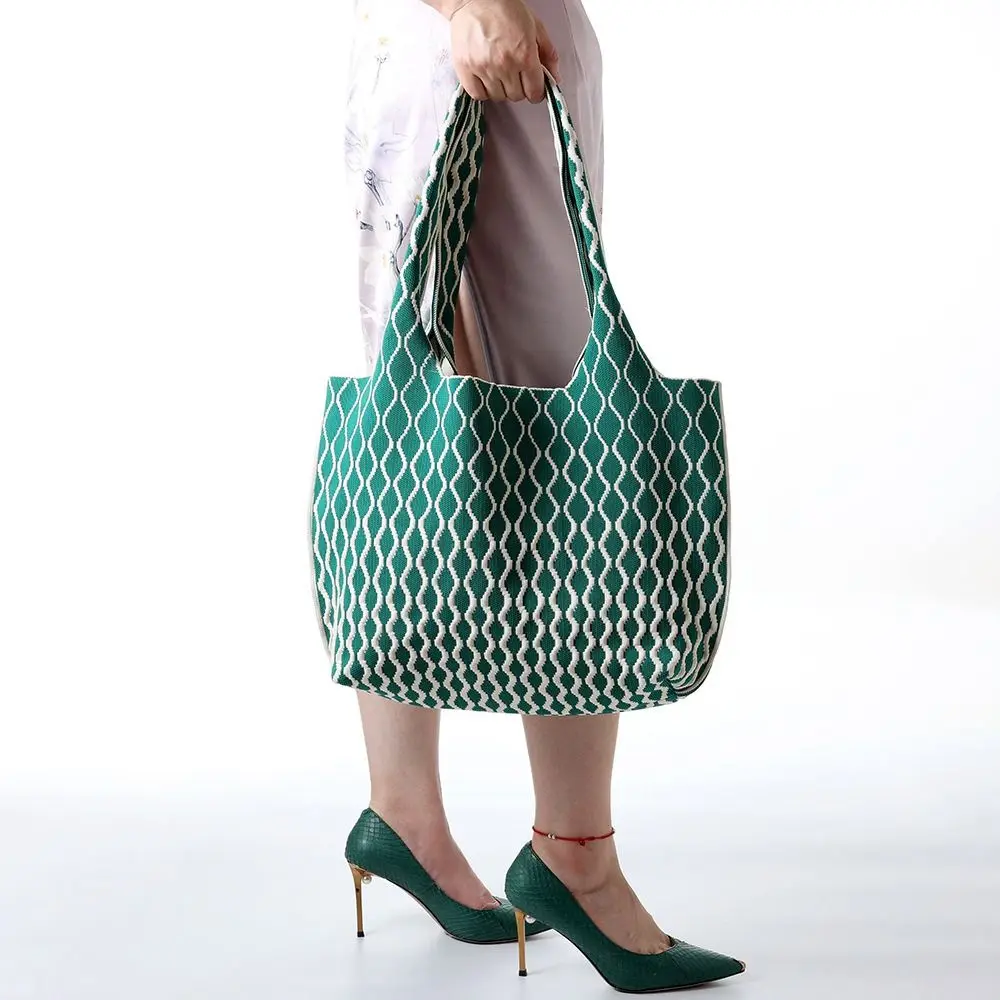 Double Knit Hand-woven Bag Handmade Plaid High-capacity Knot Wrist Bag Tote Bag Mid-autumn Festival