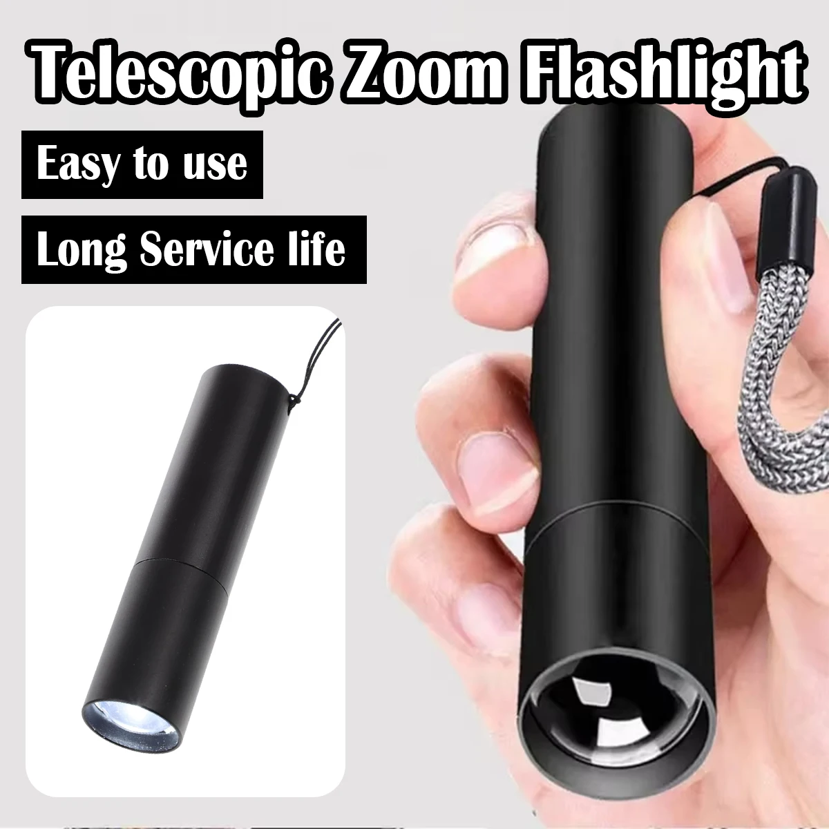 

Mini Led Flashlight Waterproof 3-light-modes Flashlights Torches Cold White Telescopic Zoom Rechargable Multifunctional Portable