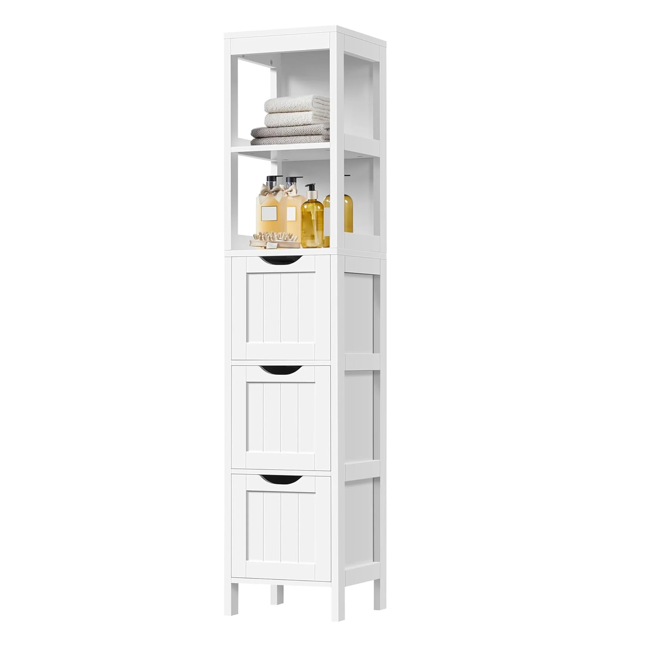 56 Inch Tall Bathroom Storage Cabinet, Slim Freestanding Floor Organizer with 3 Drawers and 2 Shelves, Narrow Space Saver for Living Room, Hallway, Corner, Small Space, White