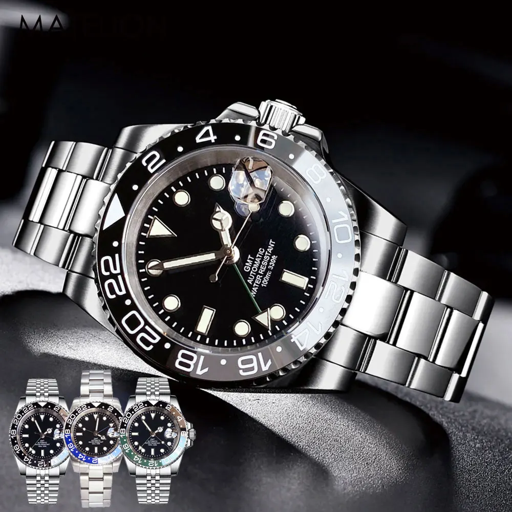 GMT Diver Watch for Men NH34A Movement Automatic Watches Mechanical Swim Luminous Jubilee Strap Slide Buckle 200m Waterproof