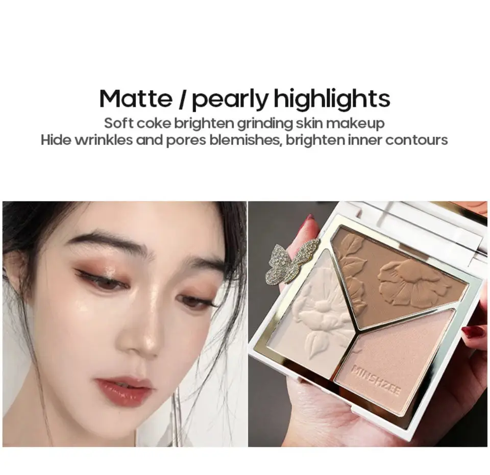 3-In-1 Matte Highlight Contour Palette Face Shading Highlighter Eyeshadow Blush Bronzer Grooming Pressed Powder Lasting Makeup