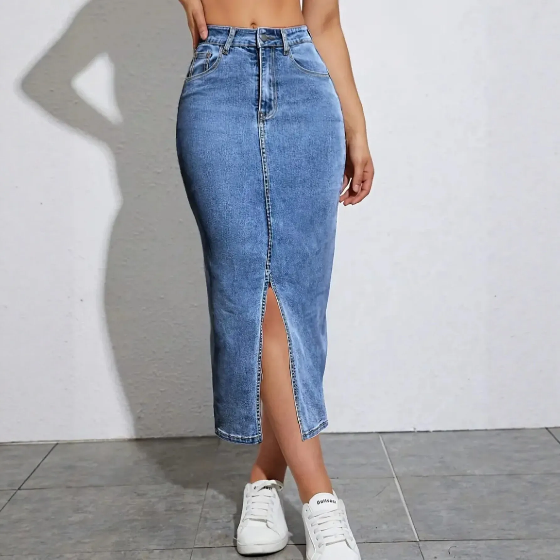 High Waist Slit Denim  Skirt Women's Bodycon Mid-Length Elastic Slimming Fashionable Trendy Skirt Cross-Border