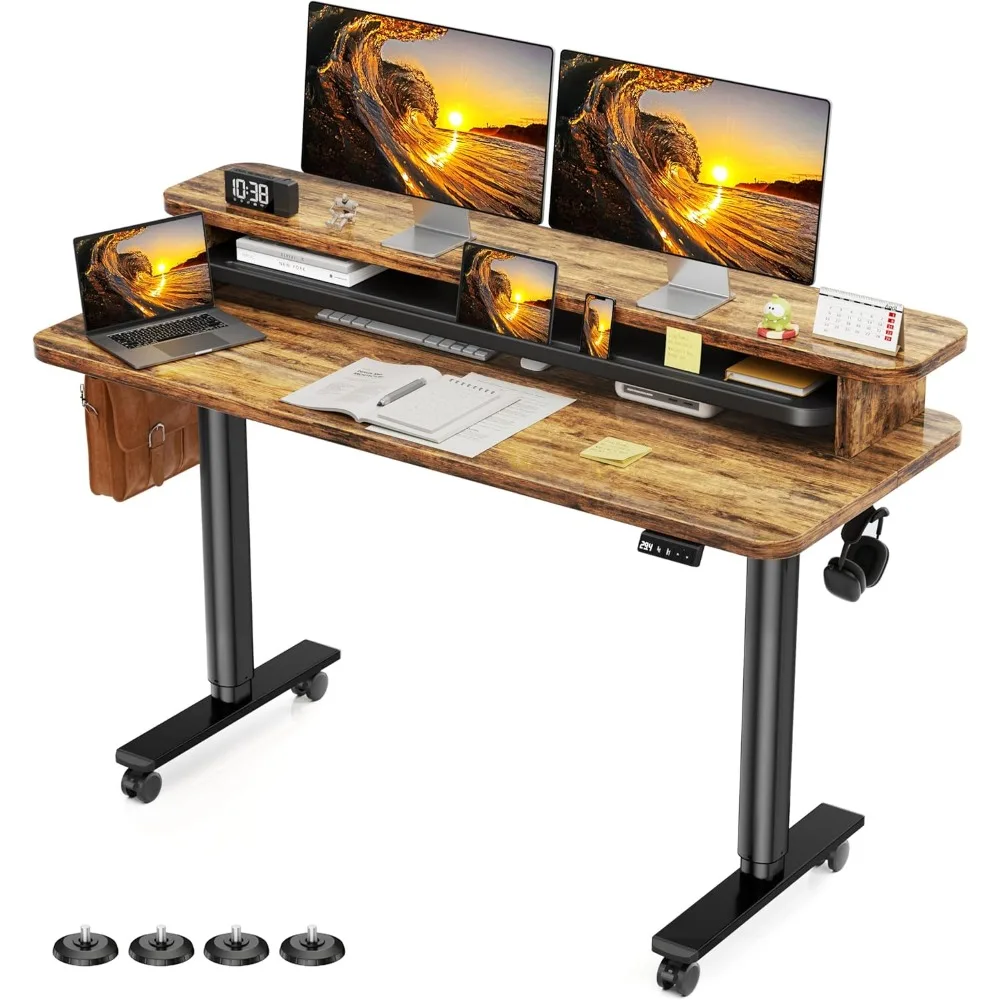 

Electric Standing Desk with Dual Monitor Stand, Height Adjustable Desk Sit Stand Desk with Memory Controller, Casters & 2 Hooks