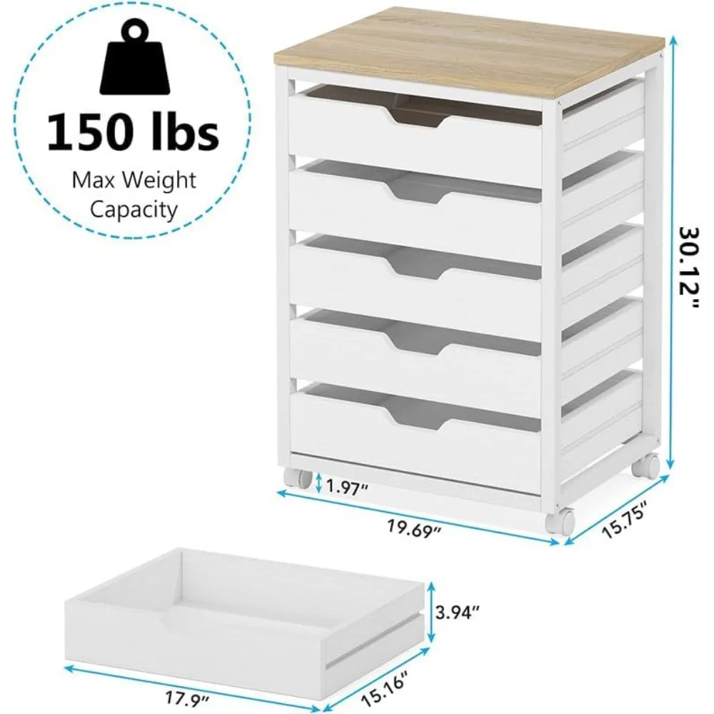 Wood Dresser Cabinet on Wheels, Industrial 5-Drawer Storage Organizer for Bedroom or Office (White)