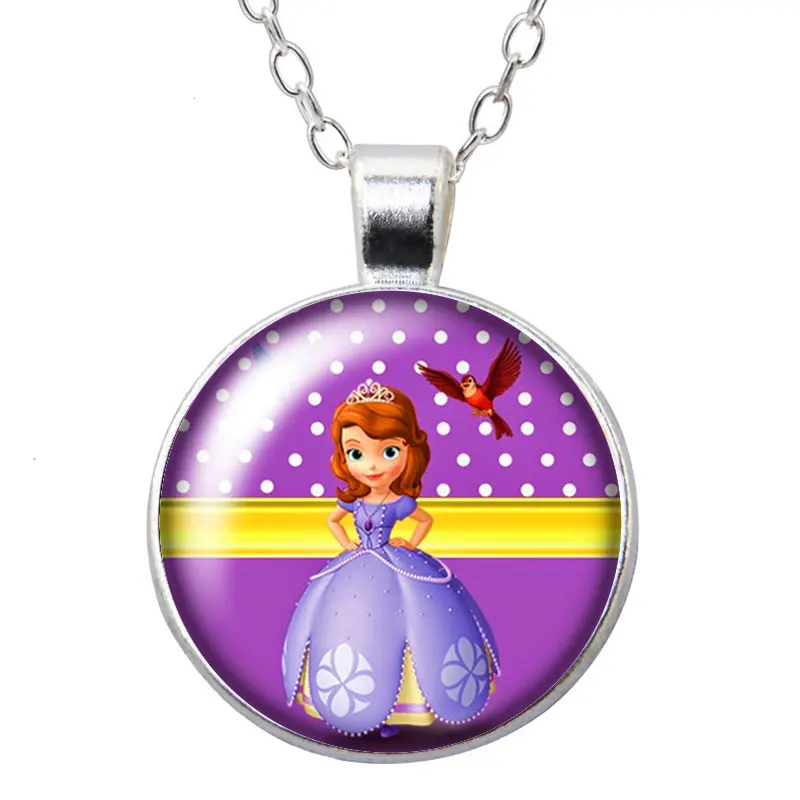 Disney Princess Sofia purple Girls Cartoon Round Photo Glass cabochon silver plated pendant necklace jewelry Gift