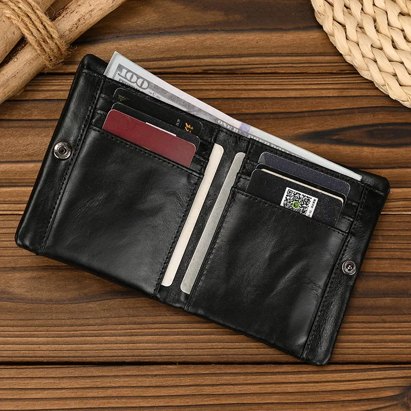 Luufan Krótki portfel z prawdziwej skóry Bifold Etui na karty Krótka portmonetka męska ze skóry bydlęcej Męski portfel na monety Prawdziwy portfel z zamkiem błyskawicznym ze skóry bydlęcej