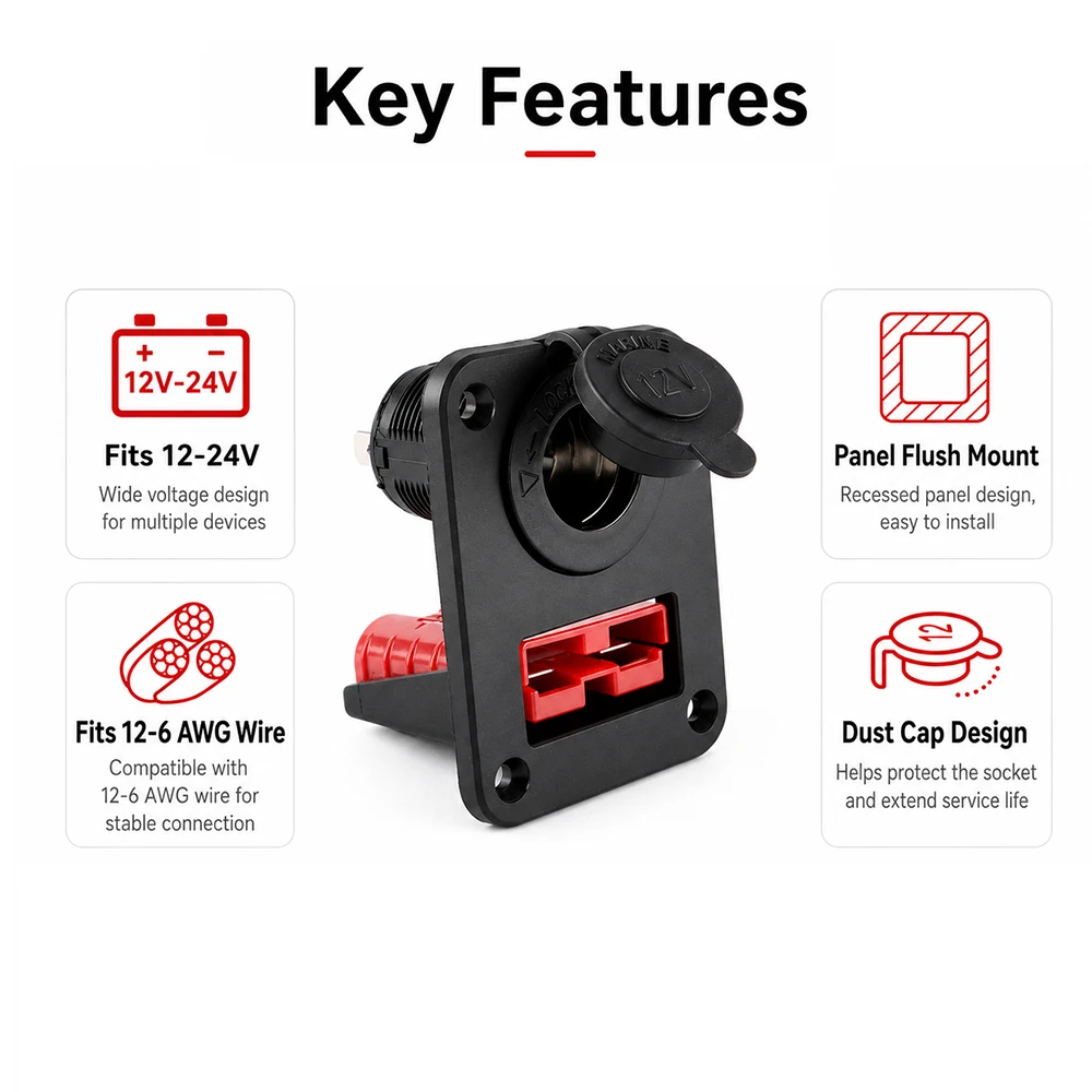 12V 24V 50A Power Connector Plug Socket Cigarette Lighter Socket Flush Mount High Current Install Bracket Recharge Panel Kit