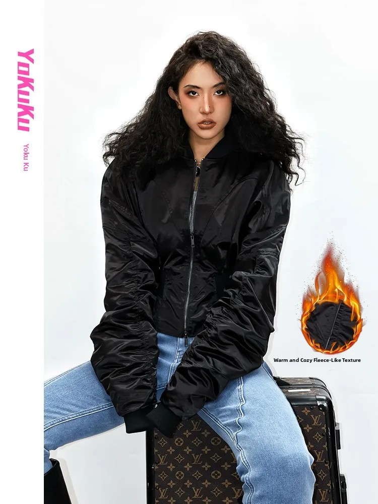 Warm Fleece Jacket Women's Street Style Thickened Long Sleeve Zipper Closure Stand Collar Waist-Cinching Cotton Jacket