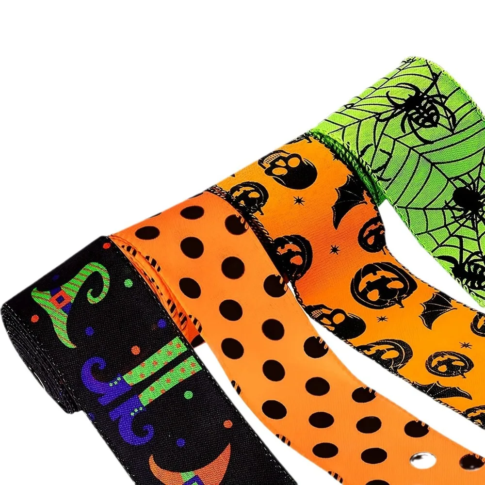 Fournitures de Décoration d'Halloween, Ruban Imprimé à Pois de Citrouille, Bricolage, Artisanat de Couture, Araignée, Fait à la Main, 5Yards