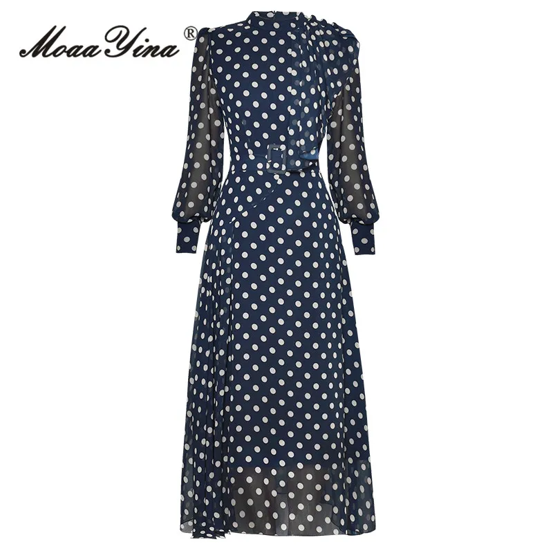 

MoaaYina Autumn Fashion Designer Vintage Polka Dot Print Dress Women's O Neck Long Sleeve Sashes Gathered Waist Slim Long Dress