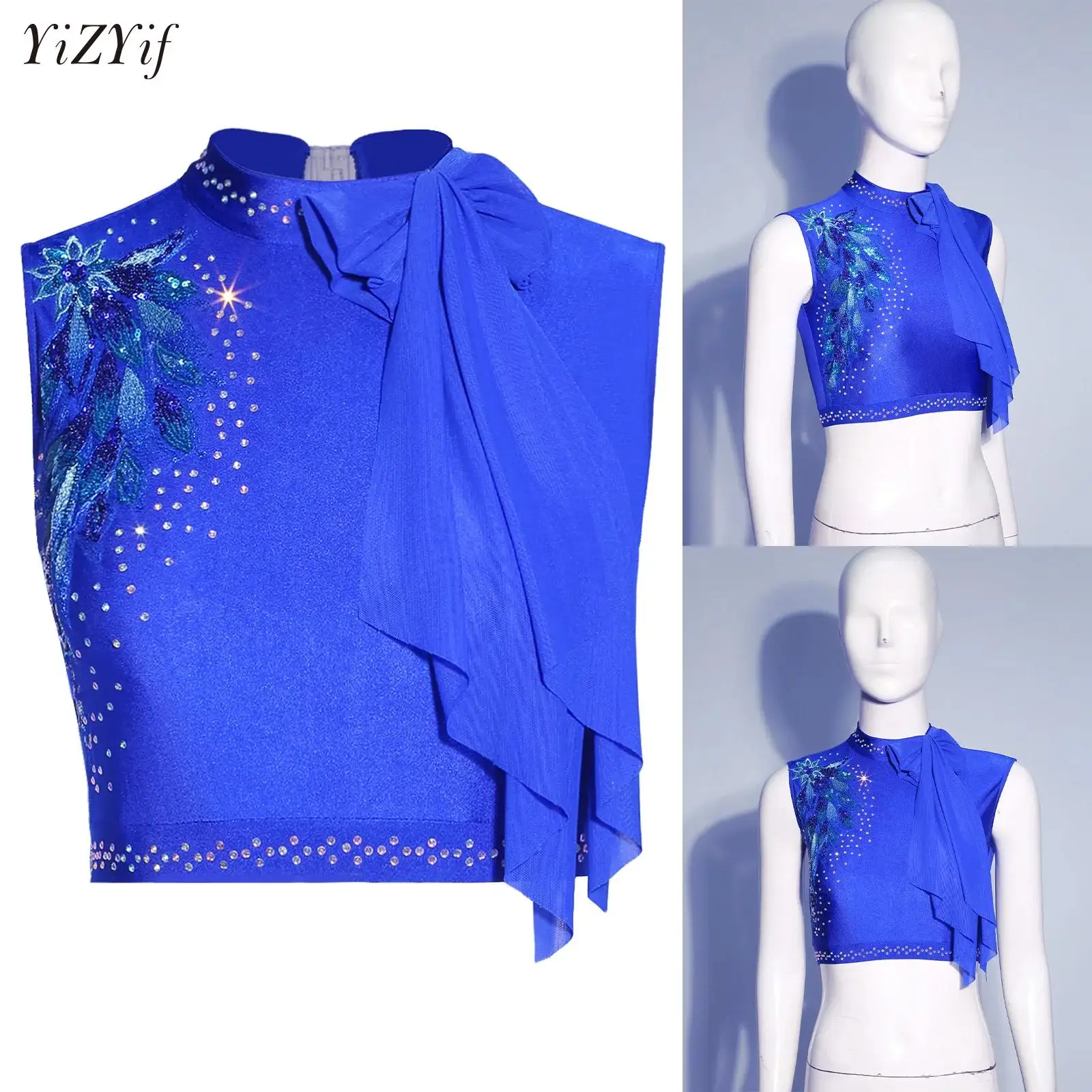 

Modern Dance Crop Top Sequin Embroidery Bow Decor Lyrical Contemporary Clothes for Women Rhythmic Gymnastics Ballet Dancewear