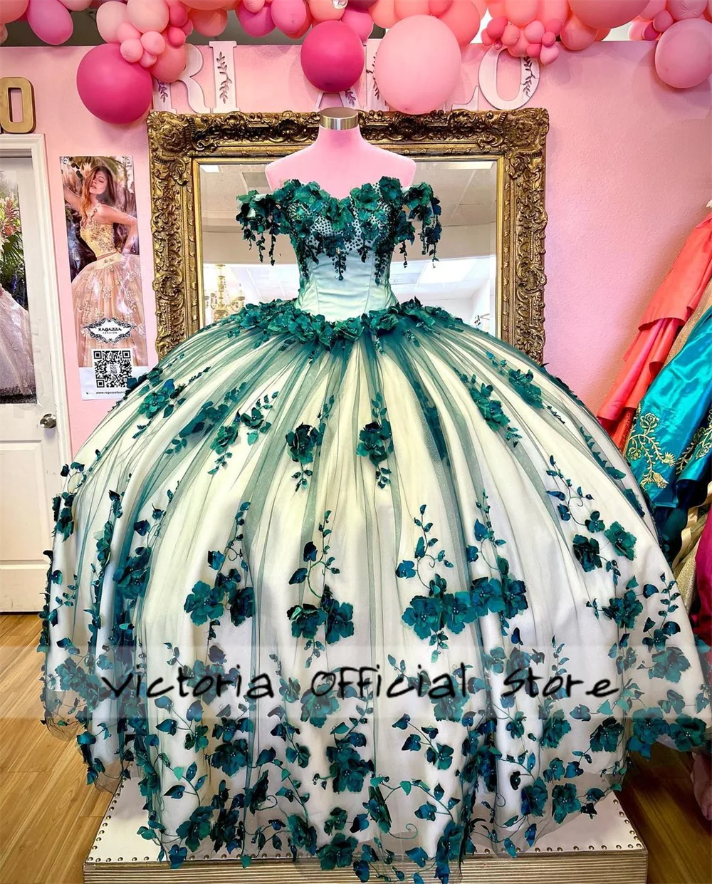 Emerald Green Beaded 3D Flowers Ball Gown Quinceanera Dress Off The Shoulder Sweet 15 16 Dress Corset Vestidos De 15 Años