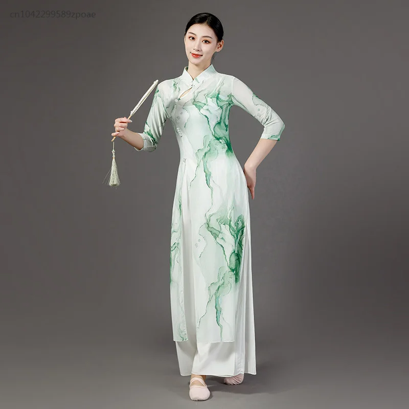 Square Dance Spring And Summer New Classical Dance Ethnic Dance Cheongsam Body Rhyme Practice Dance Mesh Gauze Women's suit