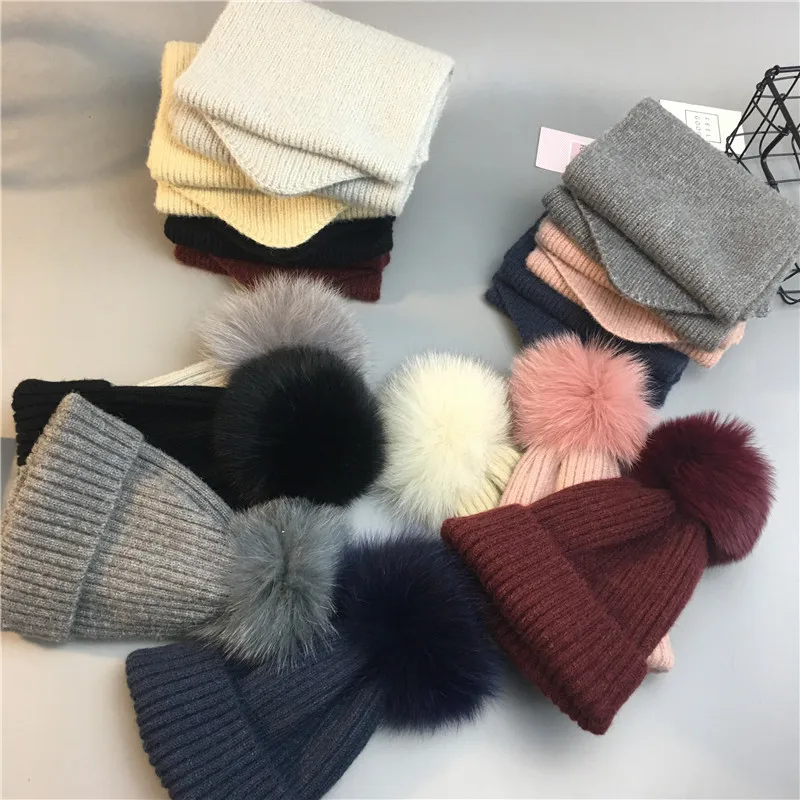 

Winter Mother Kids Real Fur Pompom Hat And Scarf For Girls Baby Cap Casual Warm Wool Beanies Hats Women Ribbed Scarf Hat set