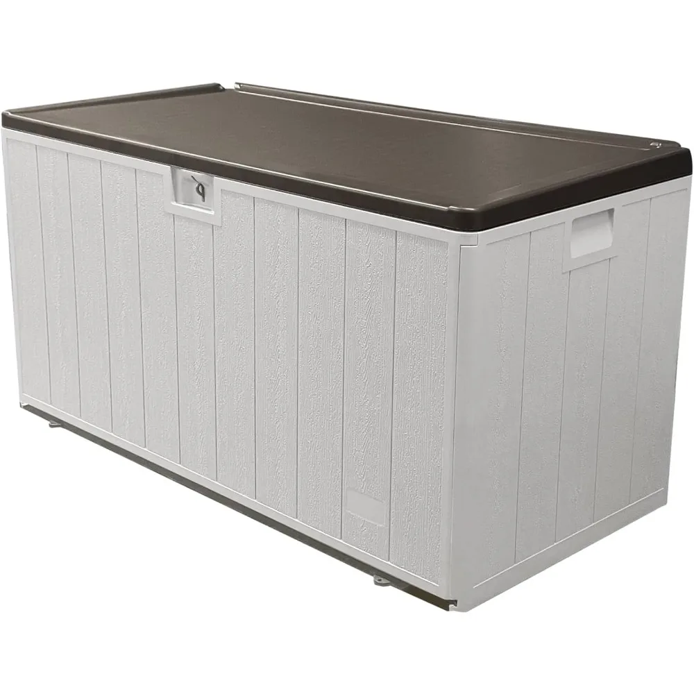 

110 gallon pro outdoor storage box, waterproof resin deck box for patio, pool, and garden, lockable bin for cushions, tools, and