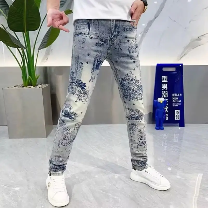Korean Popular Clothes Fashion Trendy Brand Men's Jeans New Trend Printing Handsome Slim Thin Small Feet Long Pants Men Clothing