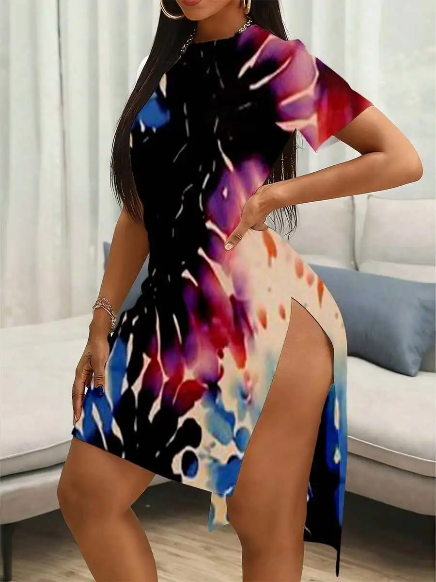 

Colorful Abstract Print Short Sleeve Dress With Side Slit For Party Festival