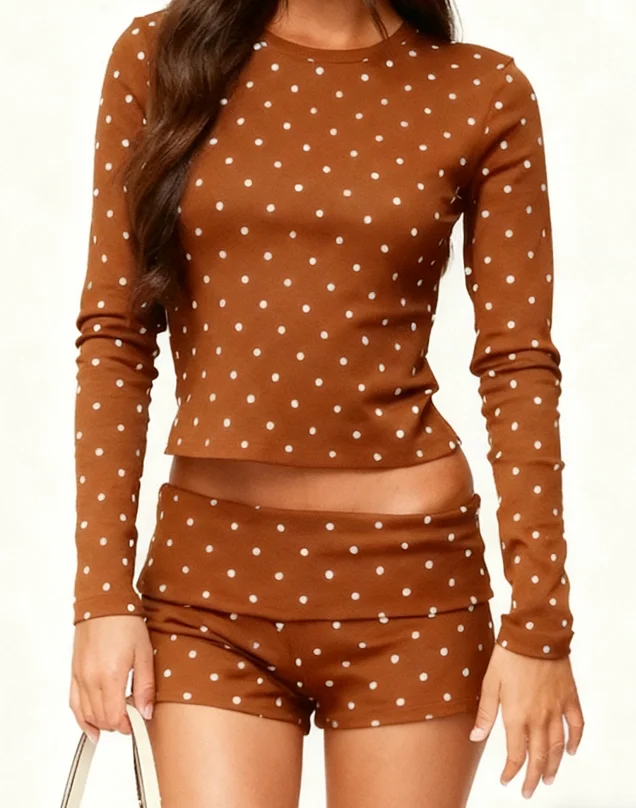 

Womens Summer 2 Piece Outfits Polka Dot Long Sleeve Crop Top and Shorts Set for Womens Two Piece Outfits