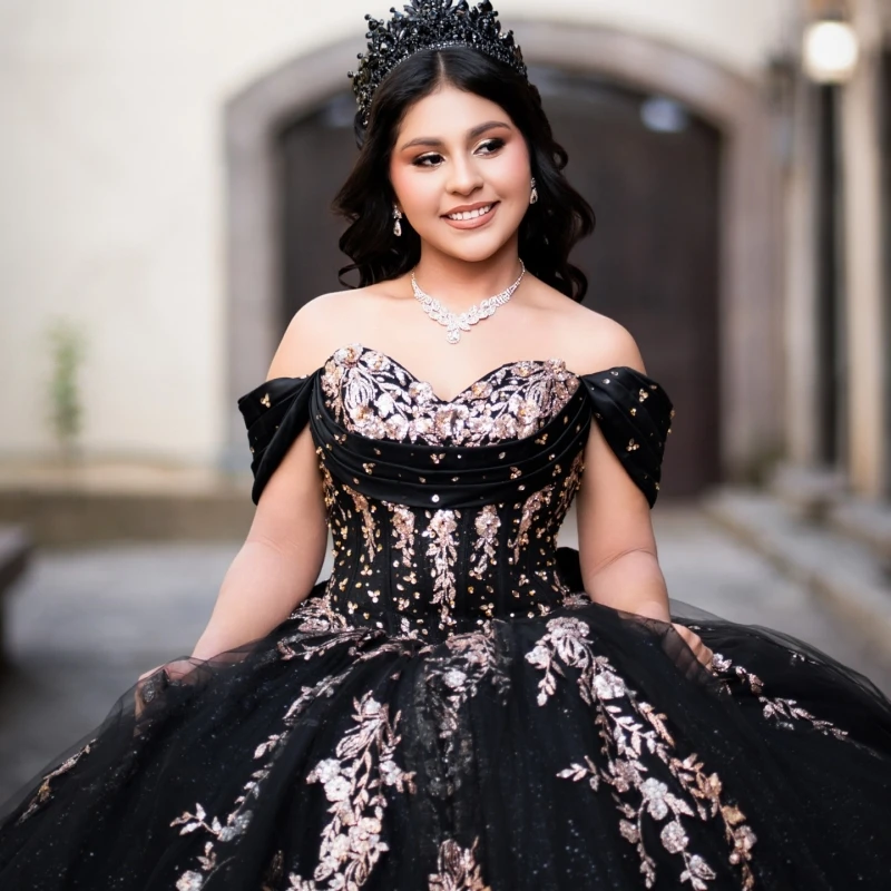 

Black Shiny Princess Sweet 16 Dress Dress Quinceanera Dresses Applique Lace Beads Tull Party Birthday Vestidos 15 De Anos