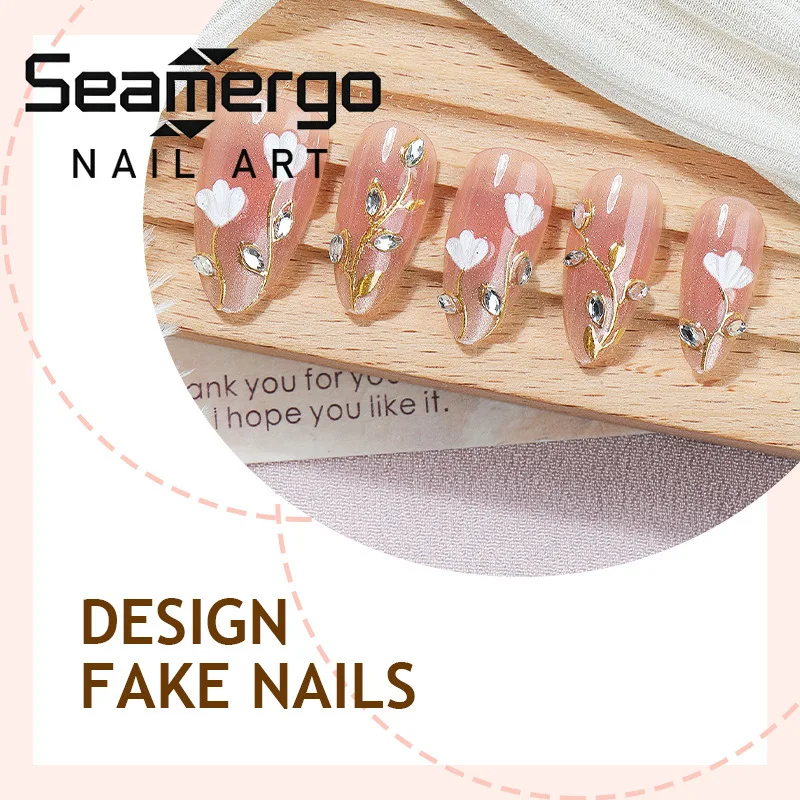 

24PCS Nude Gold Gradient Press on Nails Almond Fake Nails with Flower Leaf Rhinestone Details Elegant Luxury Nail Art for Women