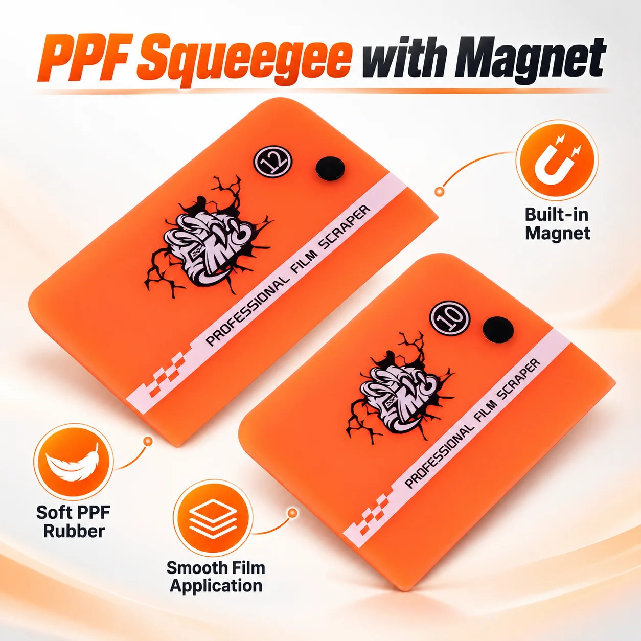 Magnetic Soft Rubber PPF Squeegee with Rounded Corners for Car Wrap Film Installation, Window Tint Smoothing and Bubble Removal