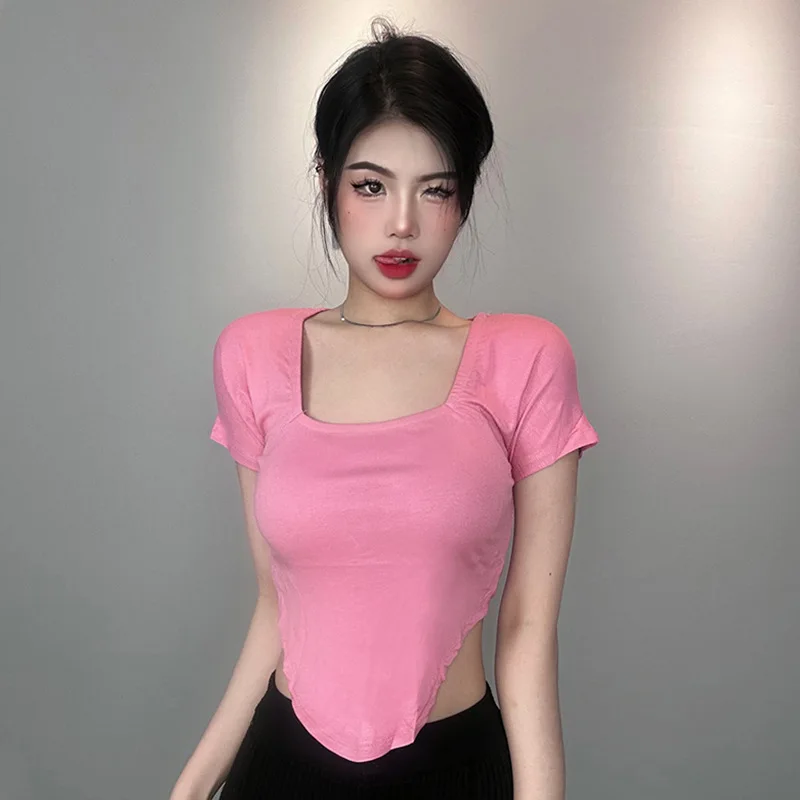 Korean Dongdaemun slim-fit short top with exposed waist, figure-flattering, sexy low-cut, bust-enhancing square-neck 1KE9