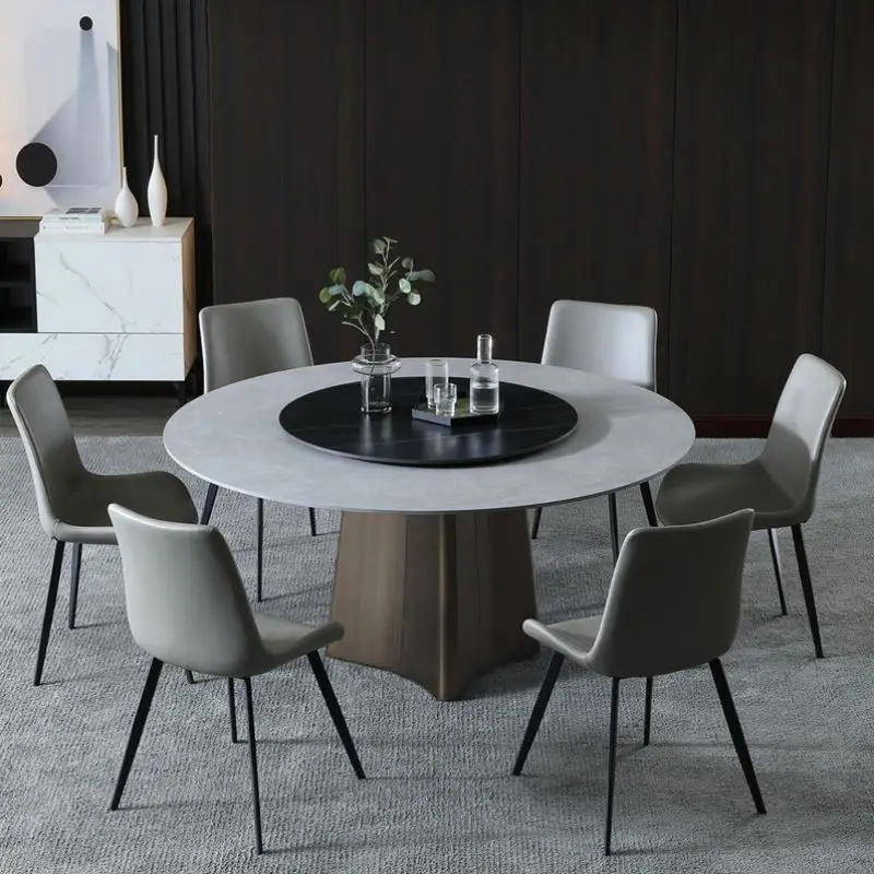 

Rock slab dining table simple rectangular light luxury stainless steel dining table and chairs high-end villa furniture