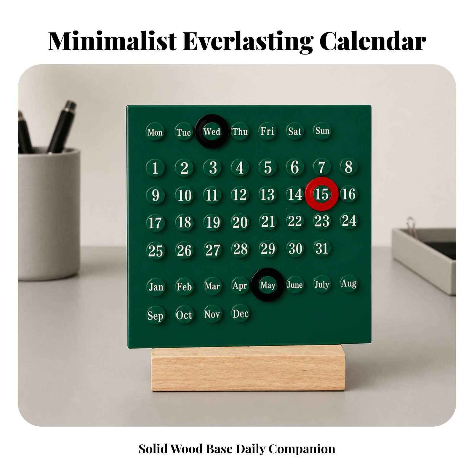 Perpetual Calendar with Wooden Base Freestanding Desk Calendar with Wood Base Decorative Reusable for Professionals, Office