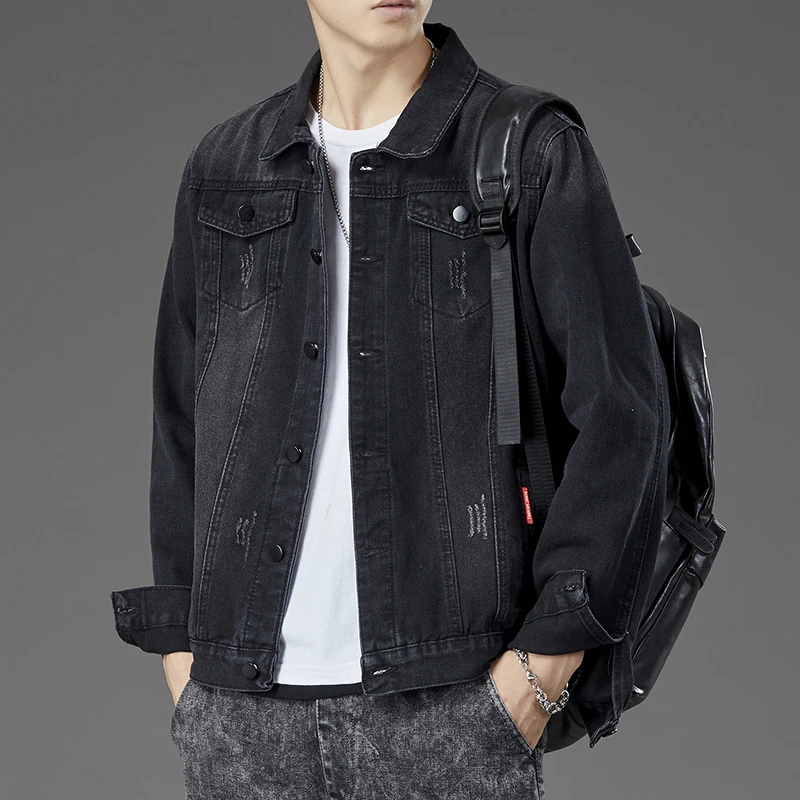 

Casual Loose Fit Men's Denim Jaet Spring Autumn Sli Trendy Large Size Bla Lapel Workwear Jaet Youth ular Sle