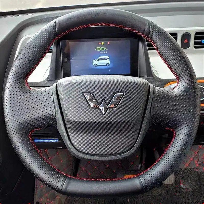 For Wuling Hongguang Mini EV S3 Car Interior accessories Hand Stitched black nonslip Genuine Leather Car Steering Wheel Cover