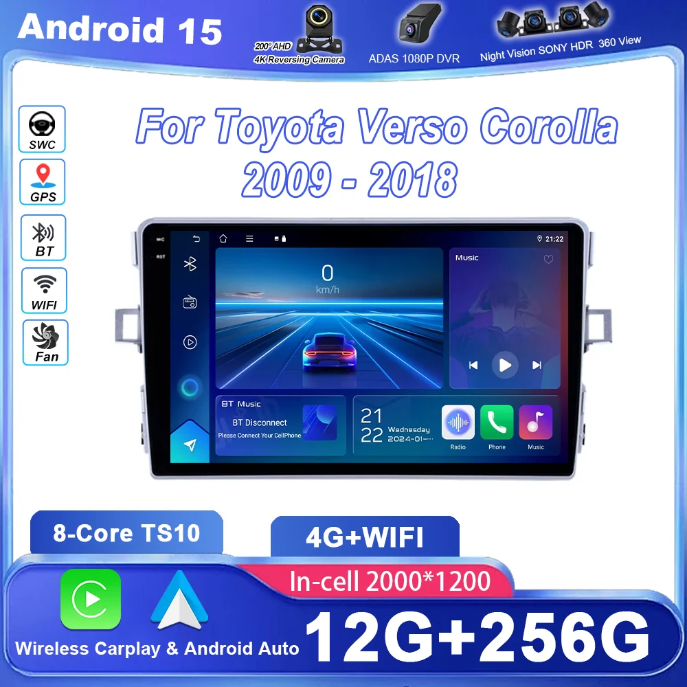 Android 15 carplay para toyota versão r20 2009-2018 rádio automático multimidia player navegação gps 4g carplay sem 2din dvd 4g + wifi bt