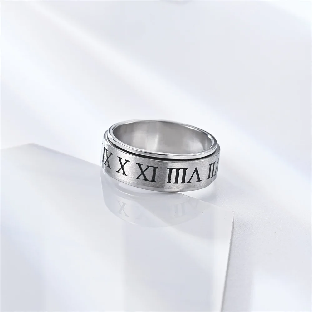 Neutral stainless steel Roman numeral ring with pressure reducing rotating belt and fashion letter ring gifts, reducing anxiety