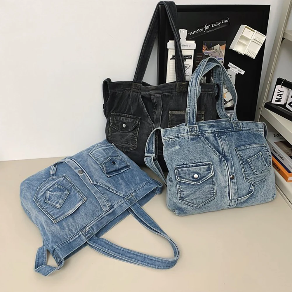 Woman Retro washed denim bag Personalized daily outfit with casual travel Multi pocket  single shoulder handbag