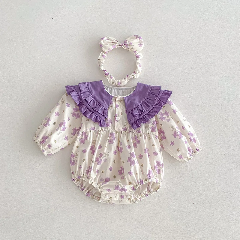 Girls' Autumn Purple Floral Skirt Wrap Fart One-piece Jumpsuit Newborn Crawling Suit Sisters Dress Theme Dress