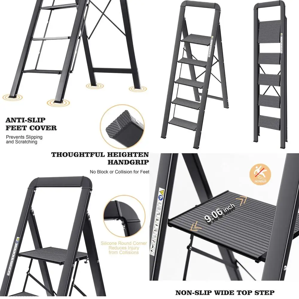 

Portable Folding Aluminum Step Ladder with Non-Slip Treads, Handrail, Ideal for Kitchen, Garage, and Home Use, Compact and Durab