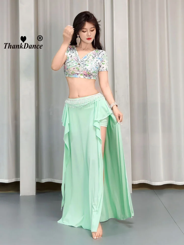 Sexy Belly Dancing Top e Saia Set, Trajes De Dança, Top Colheita Impresso, Praticar Roupas, Roupas De Dança