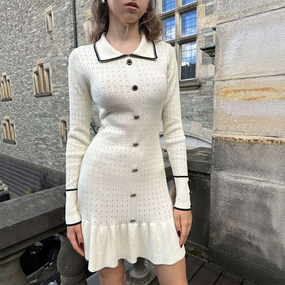 UNIKTEE Women's Plain Long Sleeve Shirt Collar A-Line Mini Dress Autumn Winter French Fashion Daily Wear