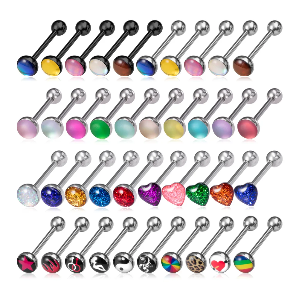 

1pc 14G Sexy Tongue Piercings Jewelry Heart Round Tongue Ring Piercing Barbell for Women Men Acrylic Flat Top Surgical Steel Bar