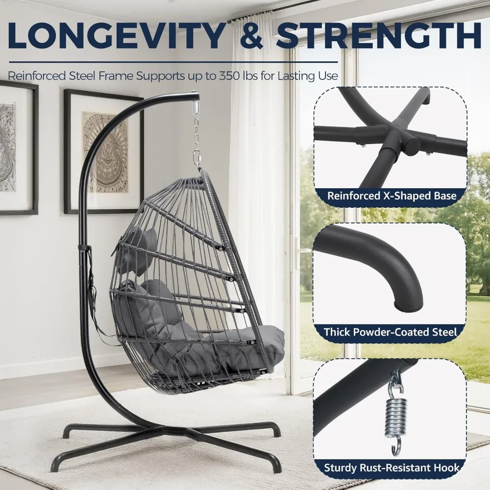 كرسي على شكل بيضة من الخيزران للاستخدام الداخلي والخارجي مع حامل، سلة معلقة للفناء، كرسي مريح مبطن على شكل بيضة للاسترخاء #6