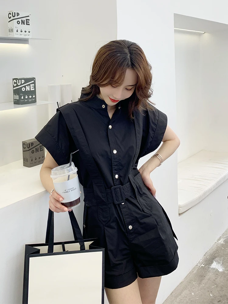 Butterfly Lengan Overall Wanita Musim Panas Korea Berdiri Kerah Sabuk Slim Pendek Lebar Kaki Gaya Safari Padat Baju Monyet pakaian Bermain