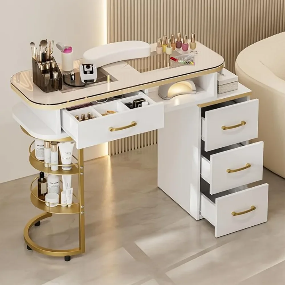 

Glass top nail table with 4 drawers and 2 storage shelves, salon beauty workstation with anti acetone wrist pad, gold handle